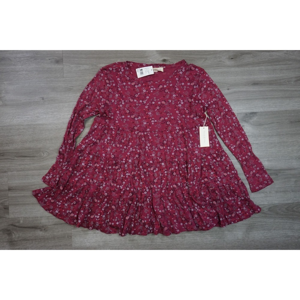 New Threads & States Women's Medium Burgundy Floral Long Sleeve Shirt Dress